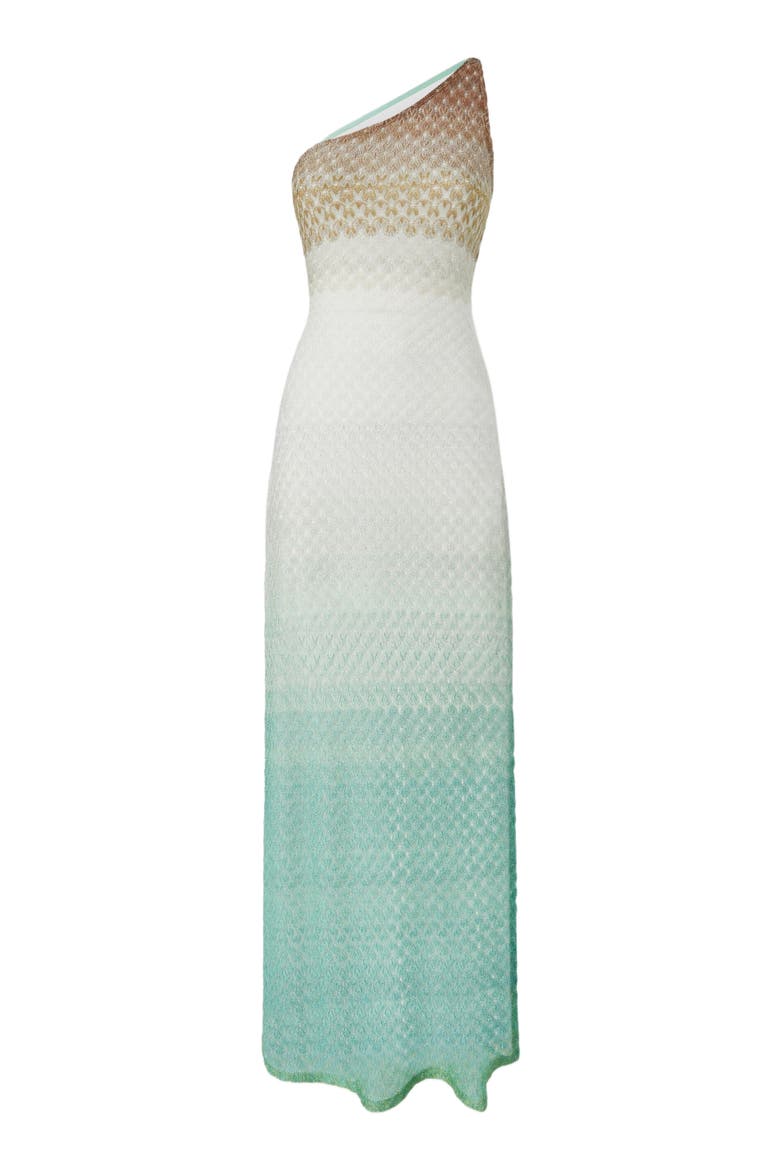 One-shoulder Dress In Lamé Viscose With Dégradé Spiderweb Motif, Alternate, color, Green