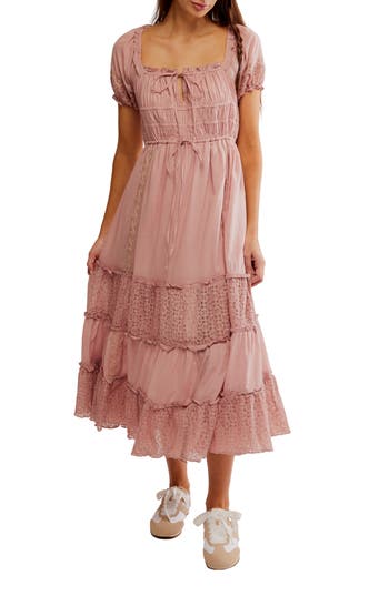 Free People Falling Sun Puff Sleeve Midi Dress In Pink