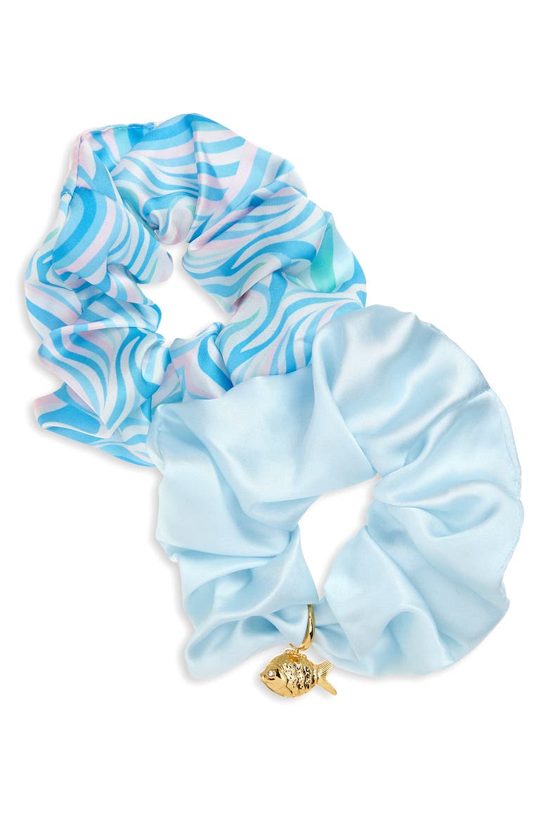 Assorted 2-Pack Deep Sea Satin Scrunchie Set with Crystal Embellished Fish Charm, Main, color, BLUE