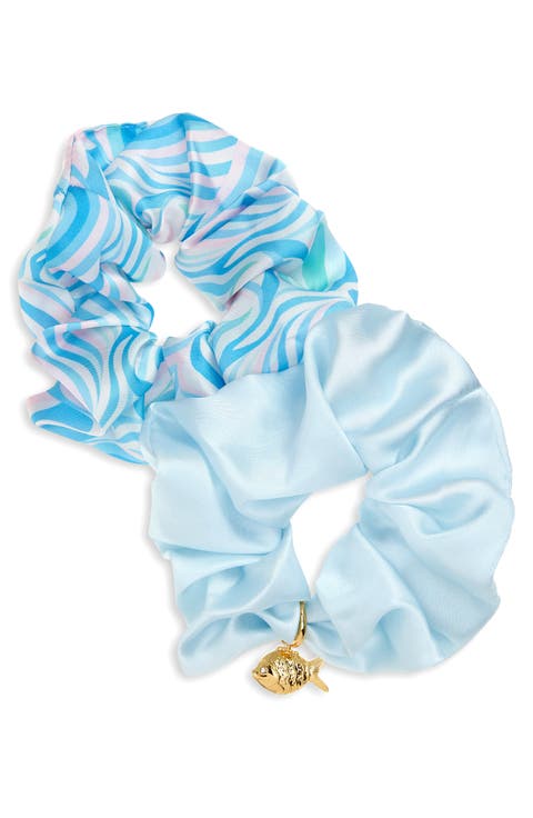 Assorted 2-Pack Deep Sea Satin Scrunchie Set with Crystal Embellished Fish Charm