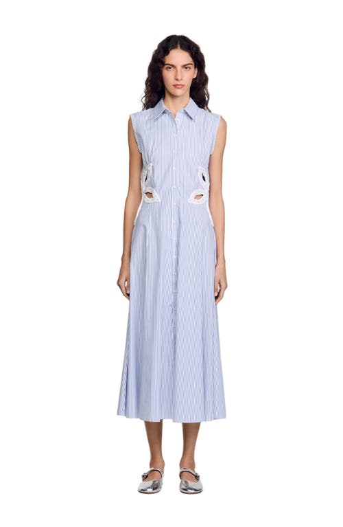 Sandro Womens Bleus Stripe-print Embroidered Stretch-cotton Maxi Dress In Sky Blue