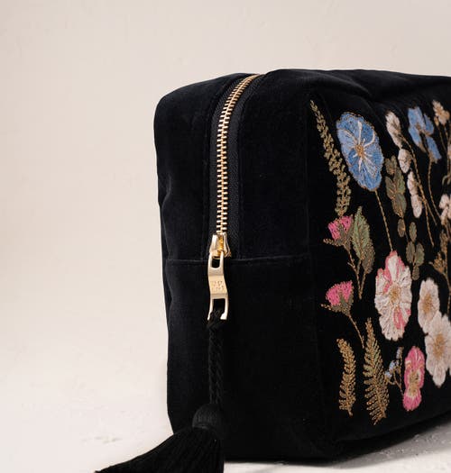 Elizabeth Scarlett Pressed Flowers Velvet Wash Bag In Black