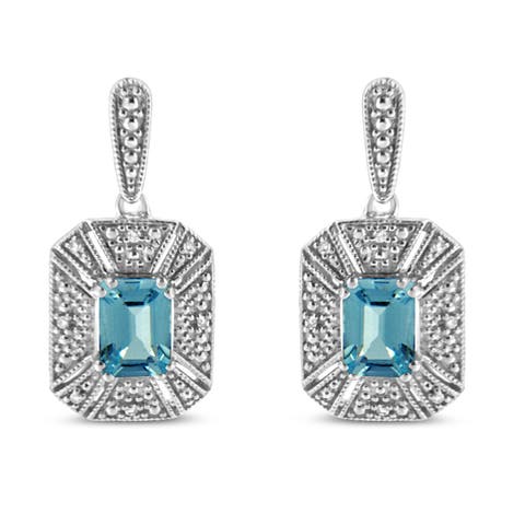 Silver 5mm Blue Topaz and Diamond Dangle Earrings