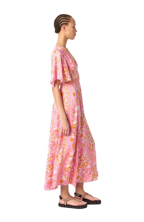 Maje Ritalen Butterfly-sleeve Midi Dress In Orange Pink Flowers Print