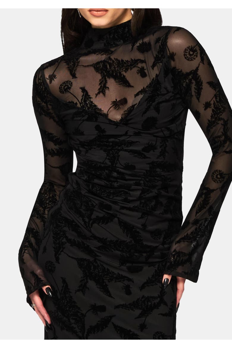 Cimora Dandelion Flocked Maxi Dress, Alternate, color, Black