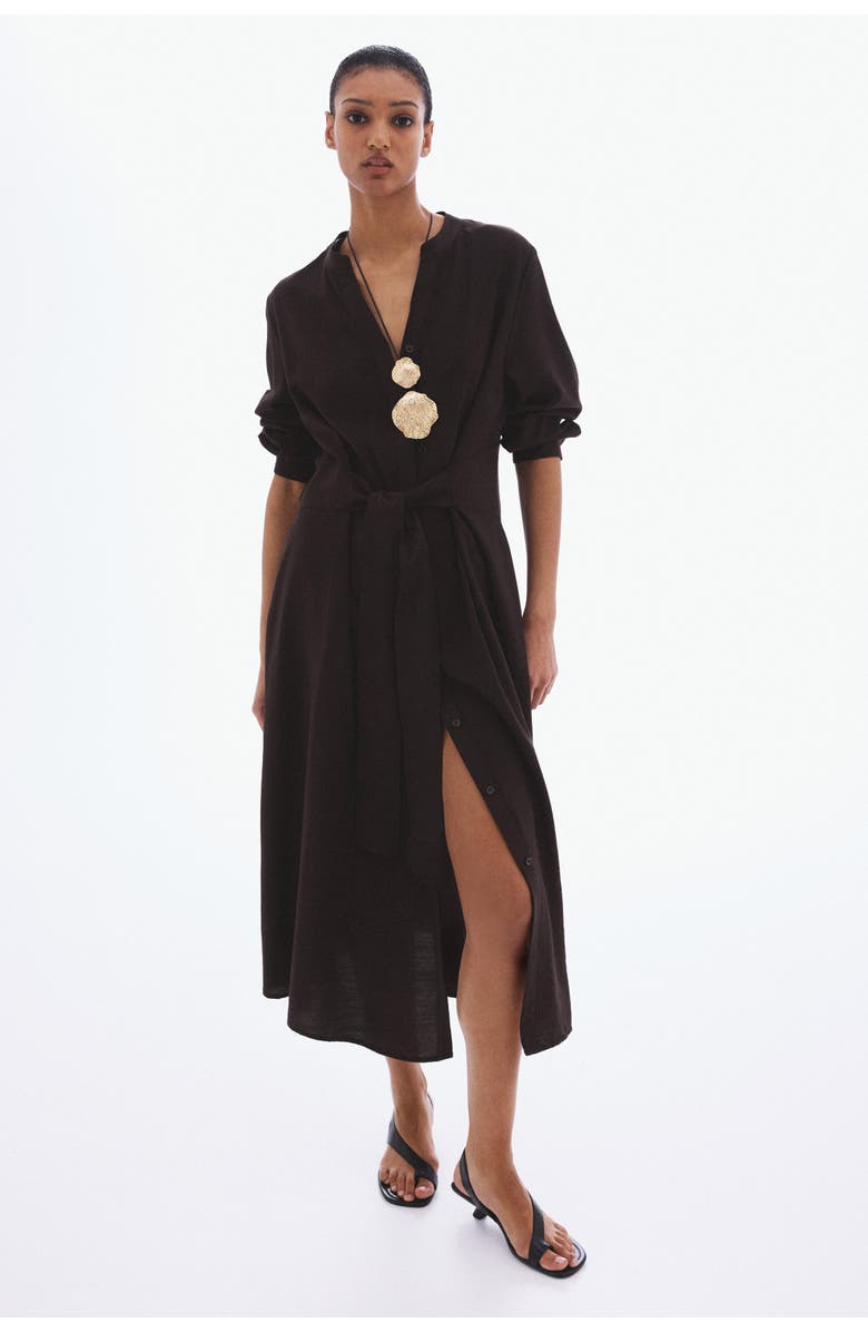 H&M Tie-belt dress, Main, color, Dark Brown