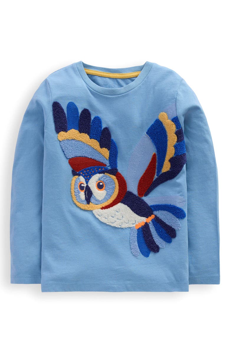 Mini Boden Kids' Owl Appliqué Cotton Graphic T-Shirt, Main, color, Seamist Blue Owl