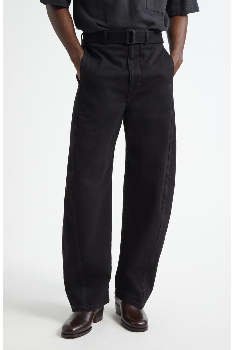 Twisted Seam Belted Barrel Leg Jeans, Main, color, BLACK