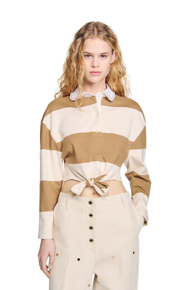 SANDRO Striped polo-neck T-shirt, Main, color, Beige