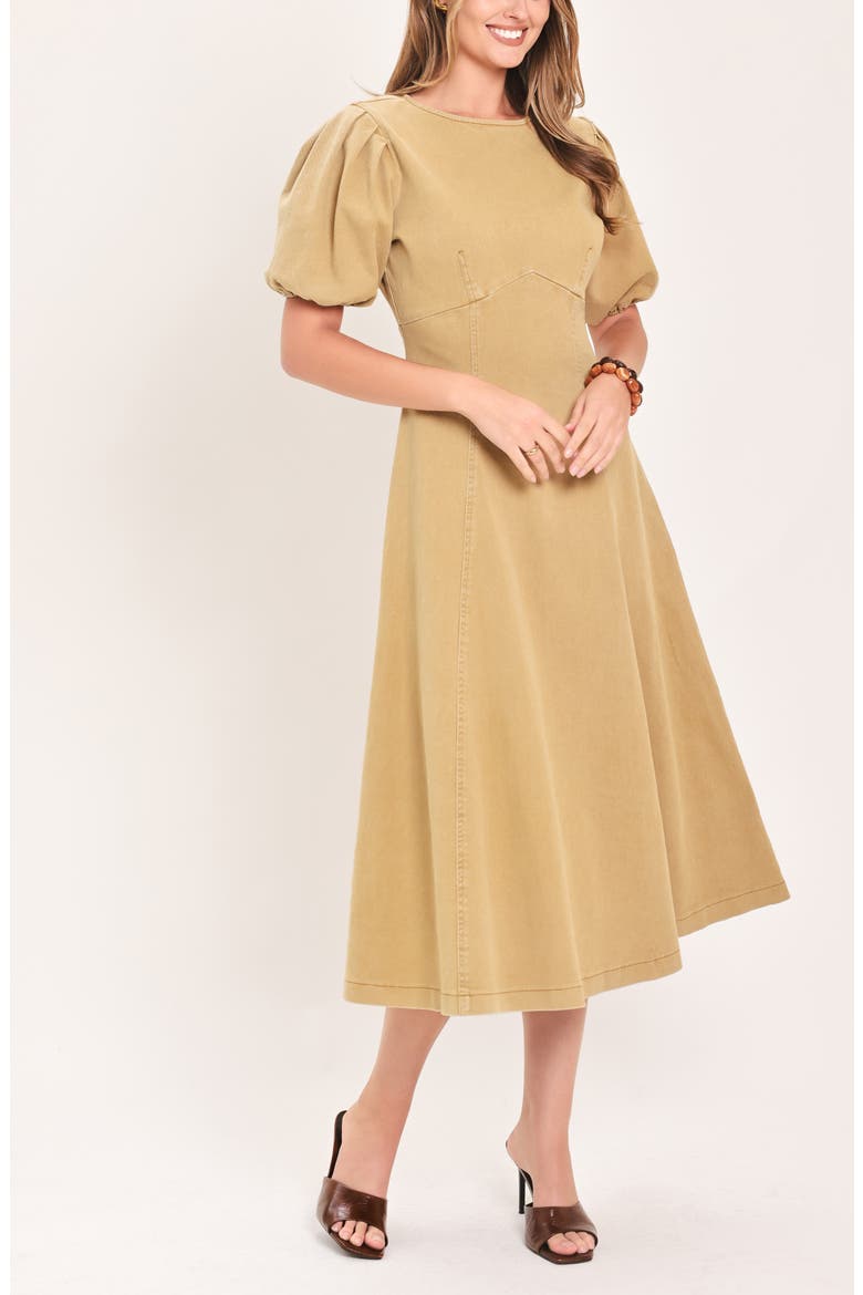 Puff Sleeve Cotton Twill Midi Dress, Alternate, color, CAMEL