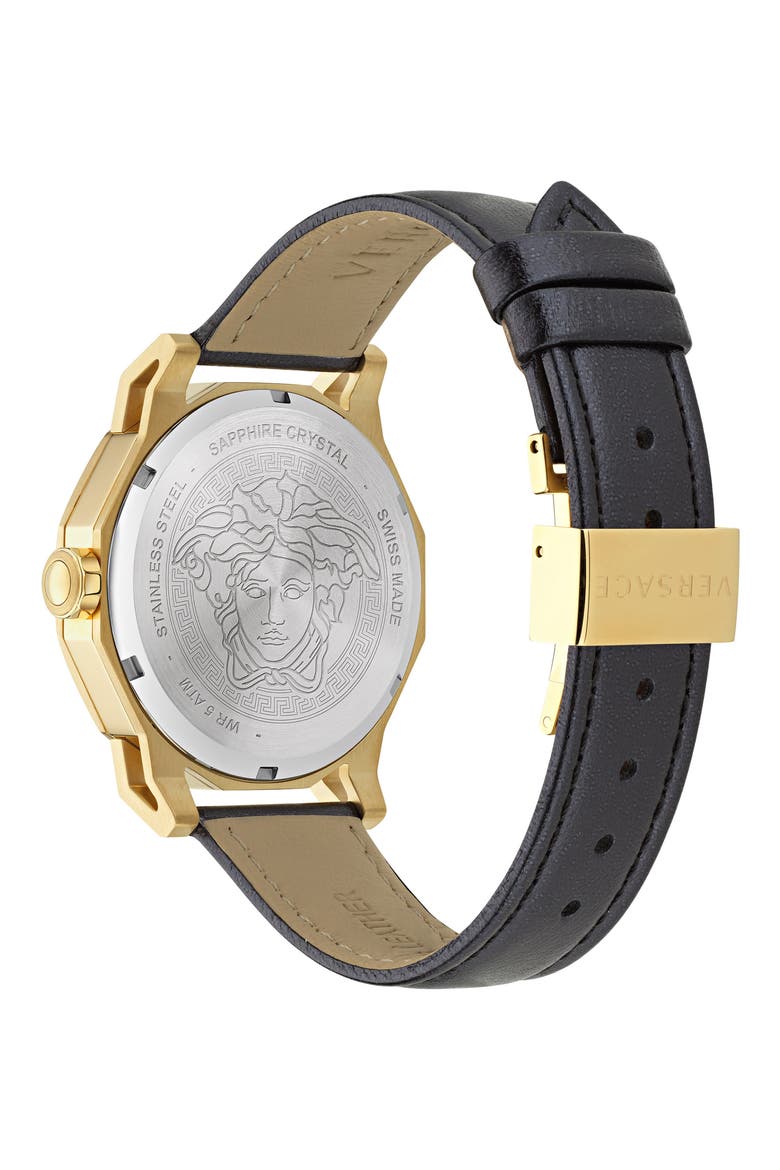 Medusa Deco Leather Strap Watch, 38mm, Alternate, color, IP YELLOW GOLD