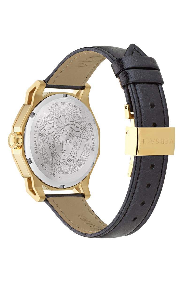Versace Medusa Deco Leather Strap Watch, 38mm, Alternate, color, Ip Yellow Gold
