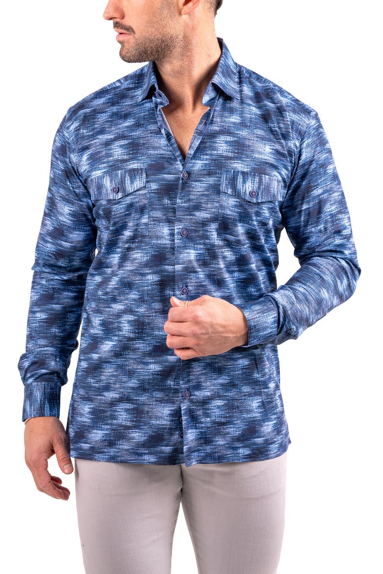 Denim Print Resistance Contemporary Button-Up Shirt, Alternate, color, BLUE