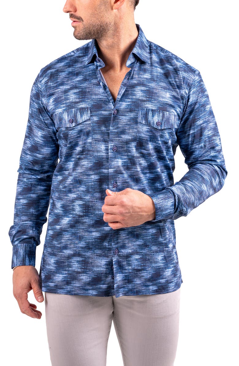 Maceoo Denim Print Resistance Contemporary Button-Up Shirt, Alternate, color, Blue