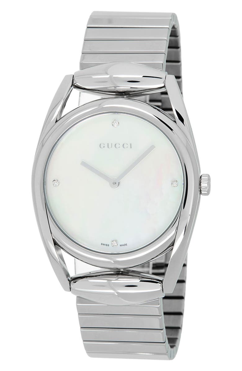 Gucci Crystal Mother-of-Pearl Bracelet Watch, Main, color,
