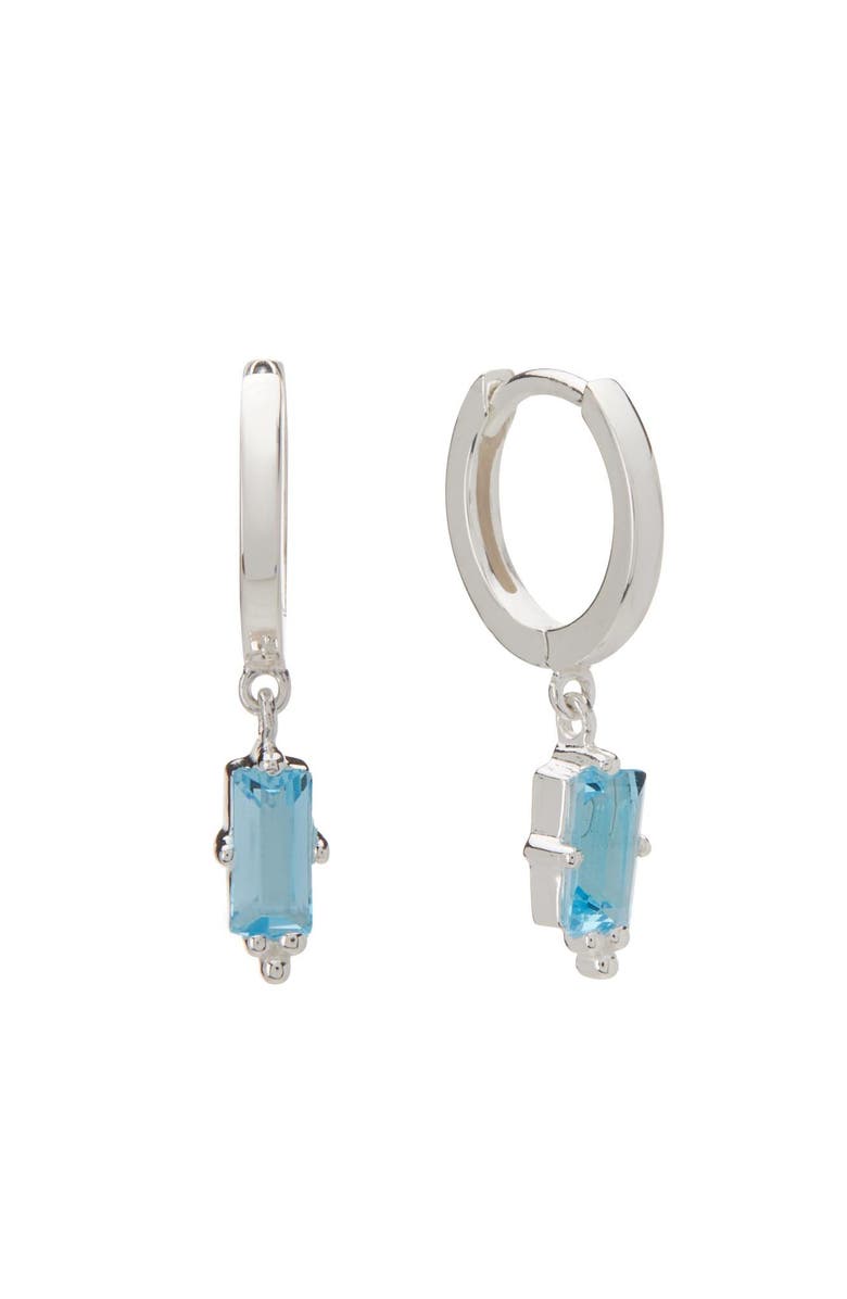 Murkani Huggies with Hanging Blue Topaz Baguette, Main, color, Yellow Gold