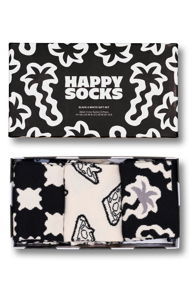 Happy Socks Assorted 3-Pack Black & White Socks Gift Box, Alternate, color, Black