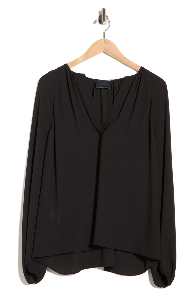 Longchamp Split Neck Long Sleeve Top, Main, color, Black