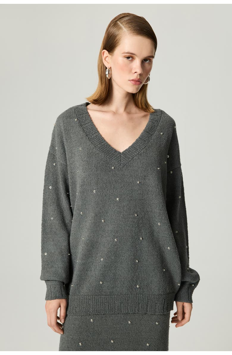 Nocturne Embellished V-Neck Knit Sweater, Alternate, color, Anthracite