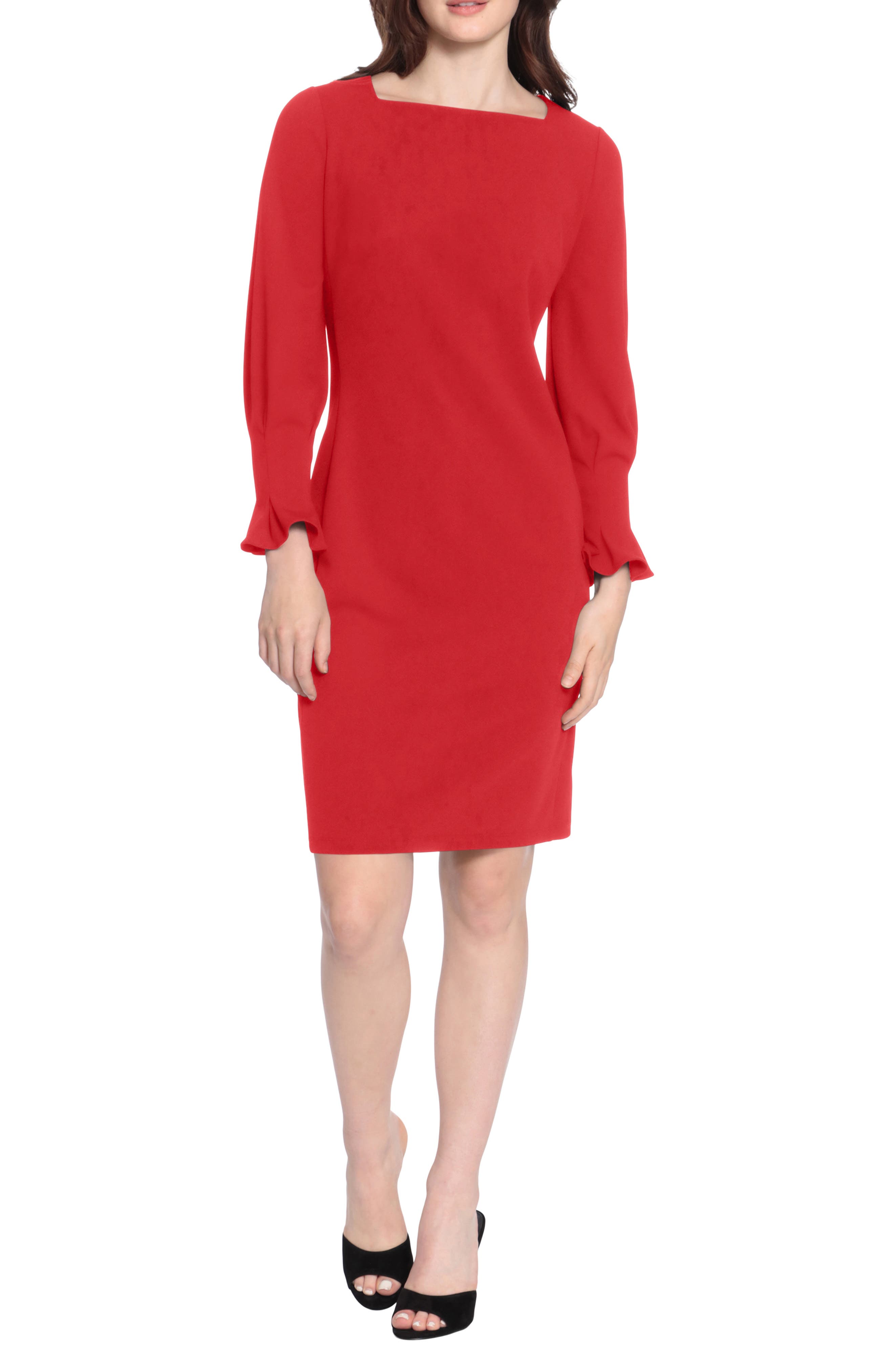 Donna Morgan Pleated Long Sleeve Sheath Dress