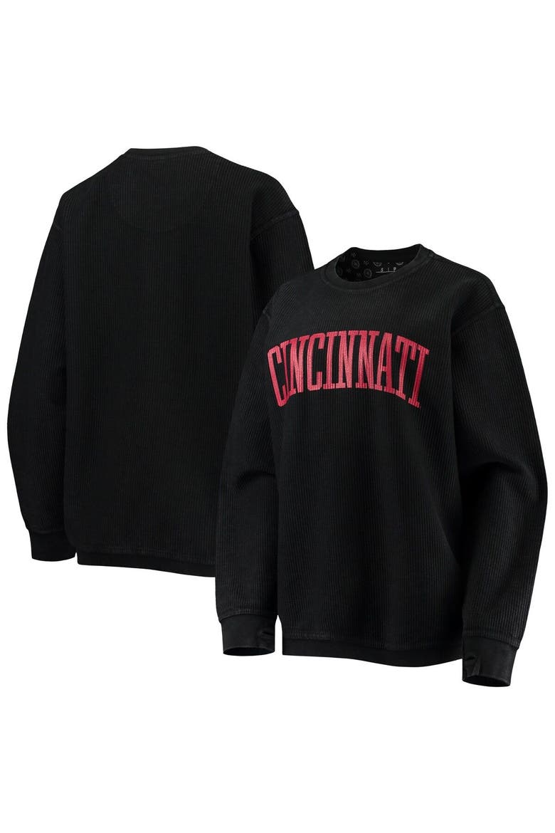 Women's Pressbox Black Cincinnati Bearcats Comfy Cord Vintage Wash Basic Arch Pullover Sweatshirt, Main, color, Black