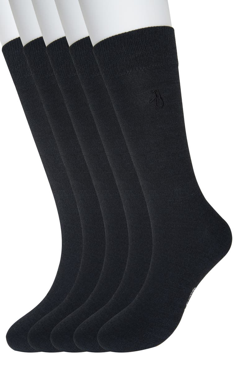Original Penguin Solid Heather Mix 5-Pack Crew Socks, Main, color, Black