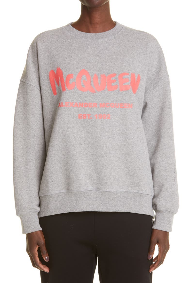 Alexander McQueen Graffiti Logo Oversize Cotton Sweatshirt, Main, color, GREY MELANGE/ CORAL