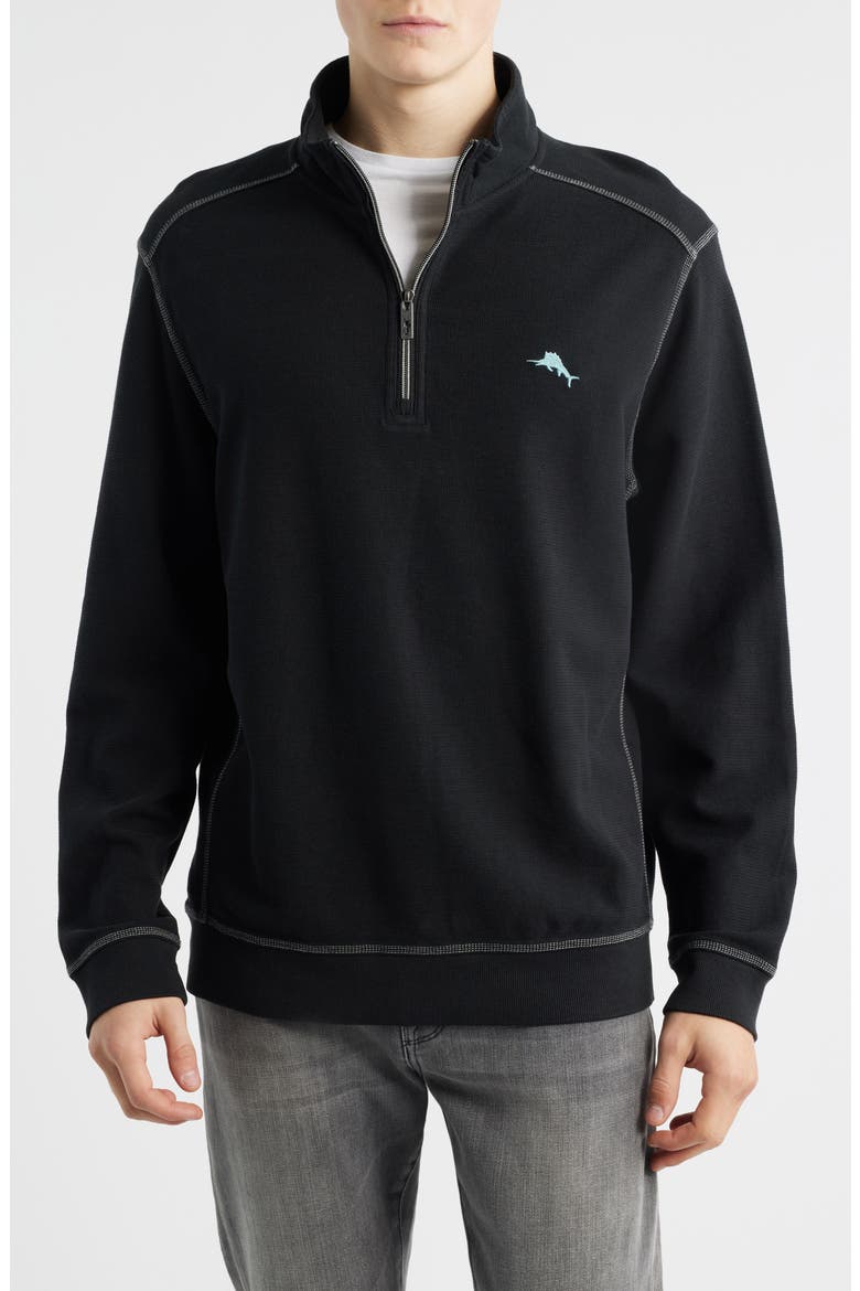 Montego Bay Textured Cotton & Lyocell Half Zip Pullover, Main, color, BLACK