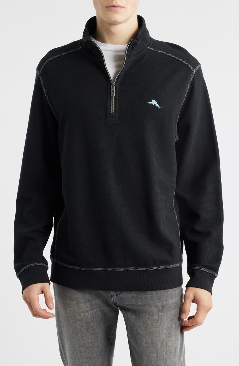 Tommy Bahama Montego Bay Textured Cotton & Lyocell Half Zip Pullover, Main, color, Black