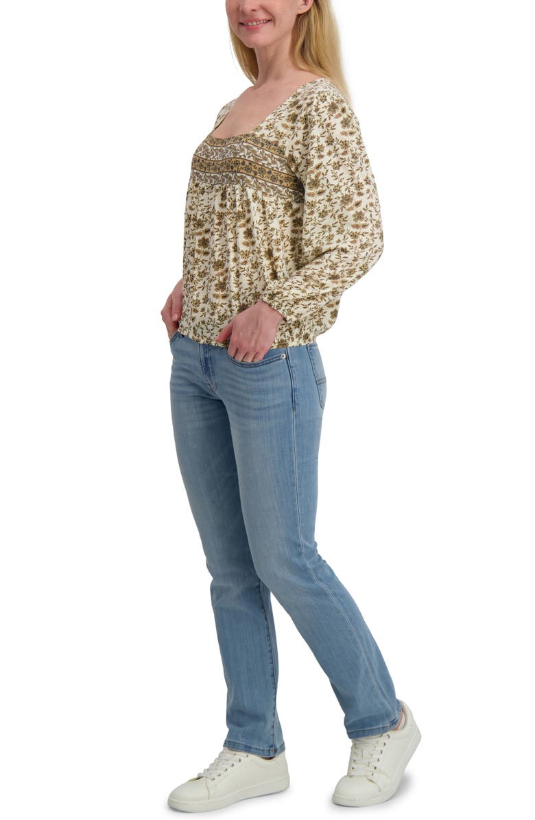 Lucky Brand Floral Long Sleever Bubble Hem Cotton Top, Alternate, color, Cream Floral