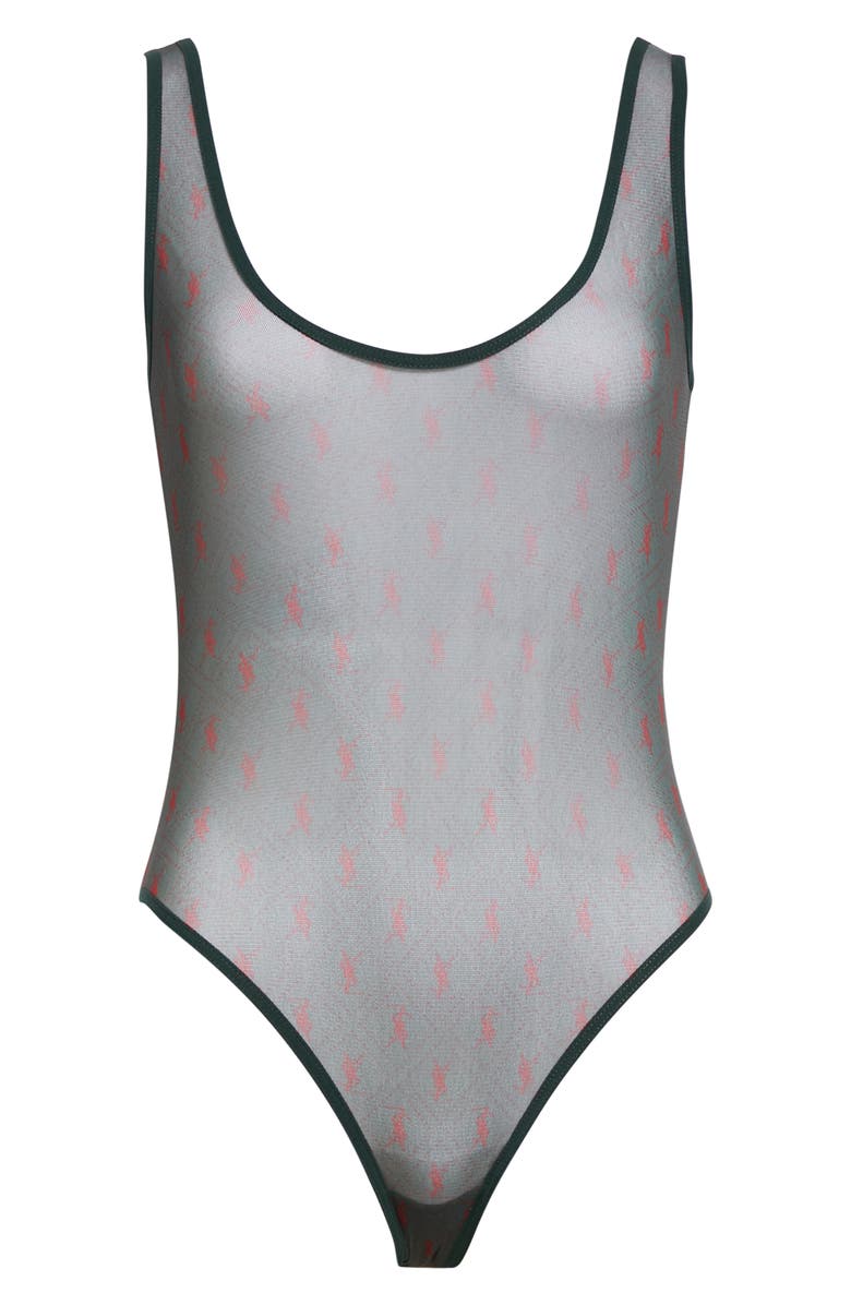 Saint Laurent YSL Logo Print Tulle Bodysuit, Main, color, 