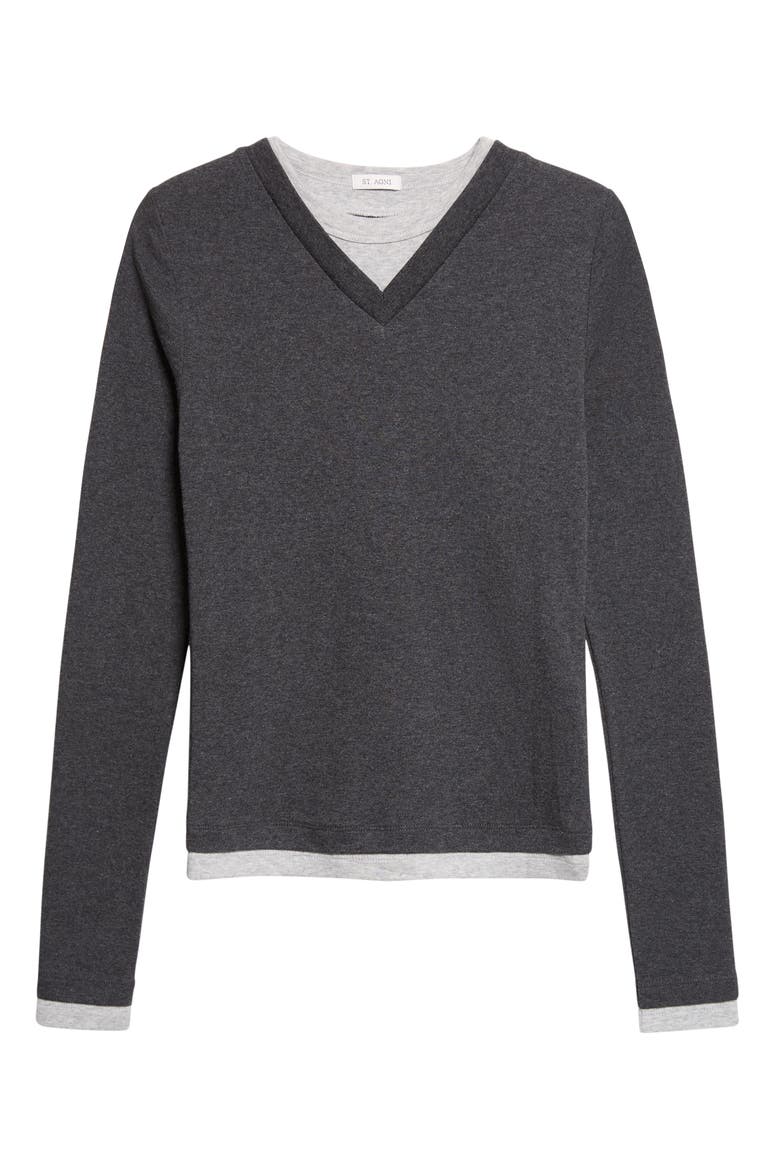 V-Neck Organic Cotton Long Sleeve Tee, Alternate, color, CHARCOAL MELANGE