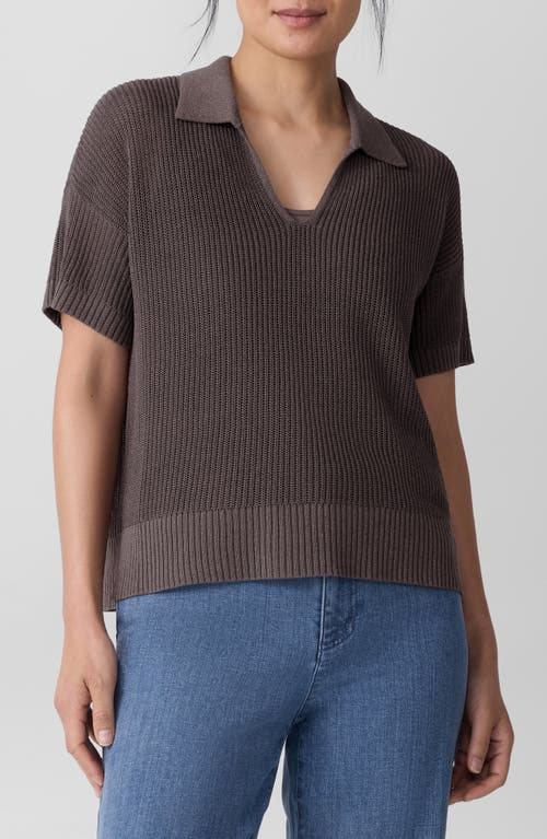 Eileen Fisher Cotton Silk Cord Split Neck Top In Brown