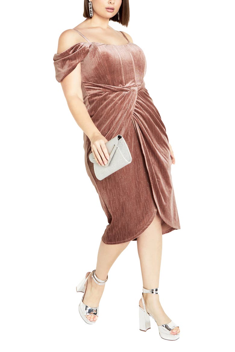 Jayla Glitter Stripe Cold Shoulder Velour Cocktail Dress, Alternate, color, ROSE