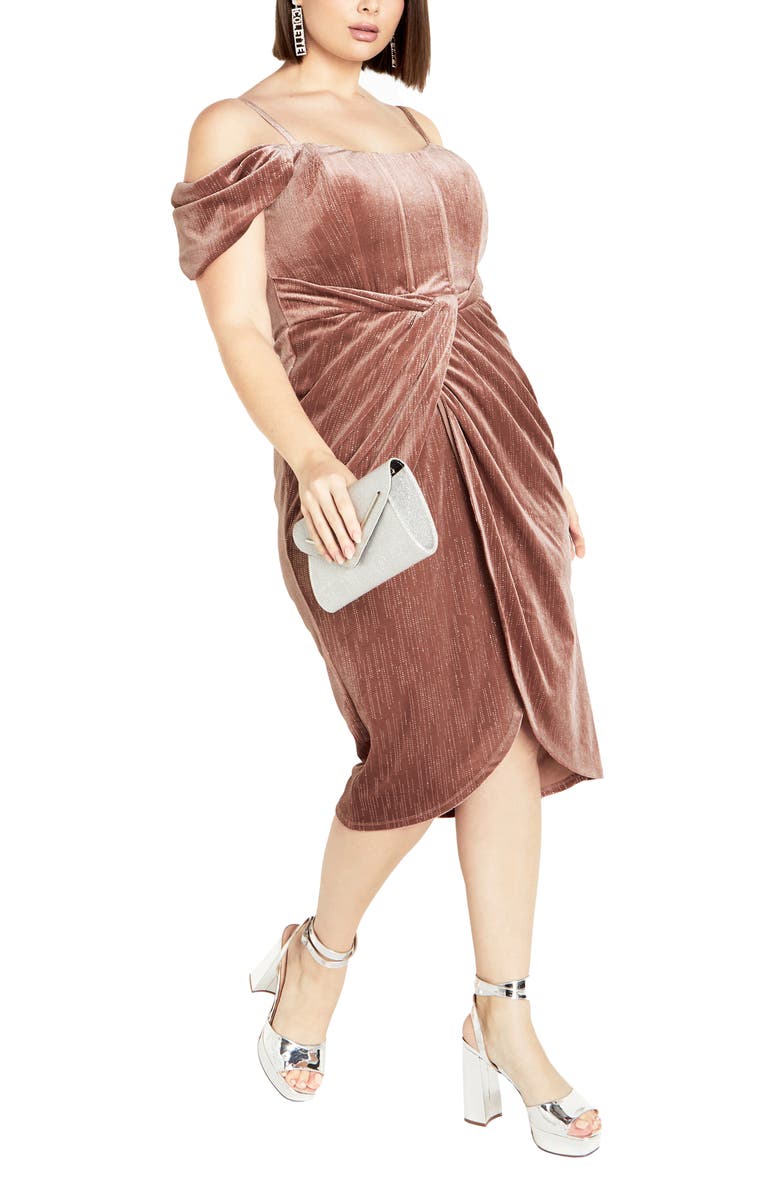 City Chic Jayla Glitter Stripe Cold Shoulder Velour Cocktail Dress, Alternate, color, Rose