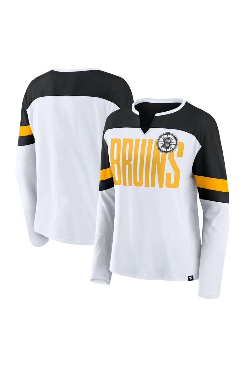 Women's Fanatics White/Black Boston Bruins Frozen Long Sleeve Notch Neck T-Shirt, Alternate, color, White