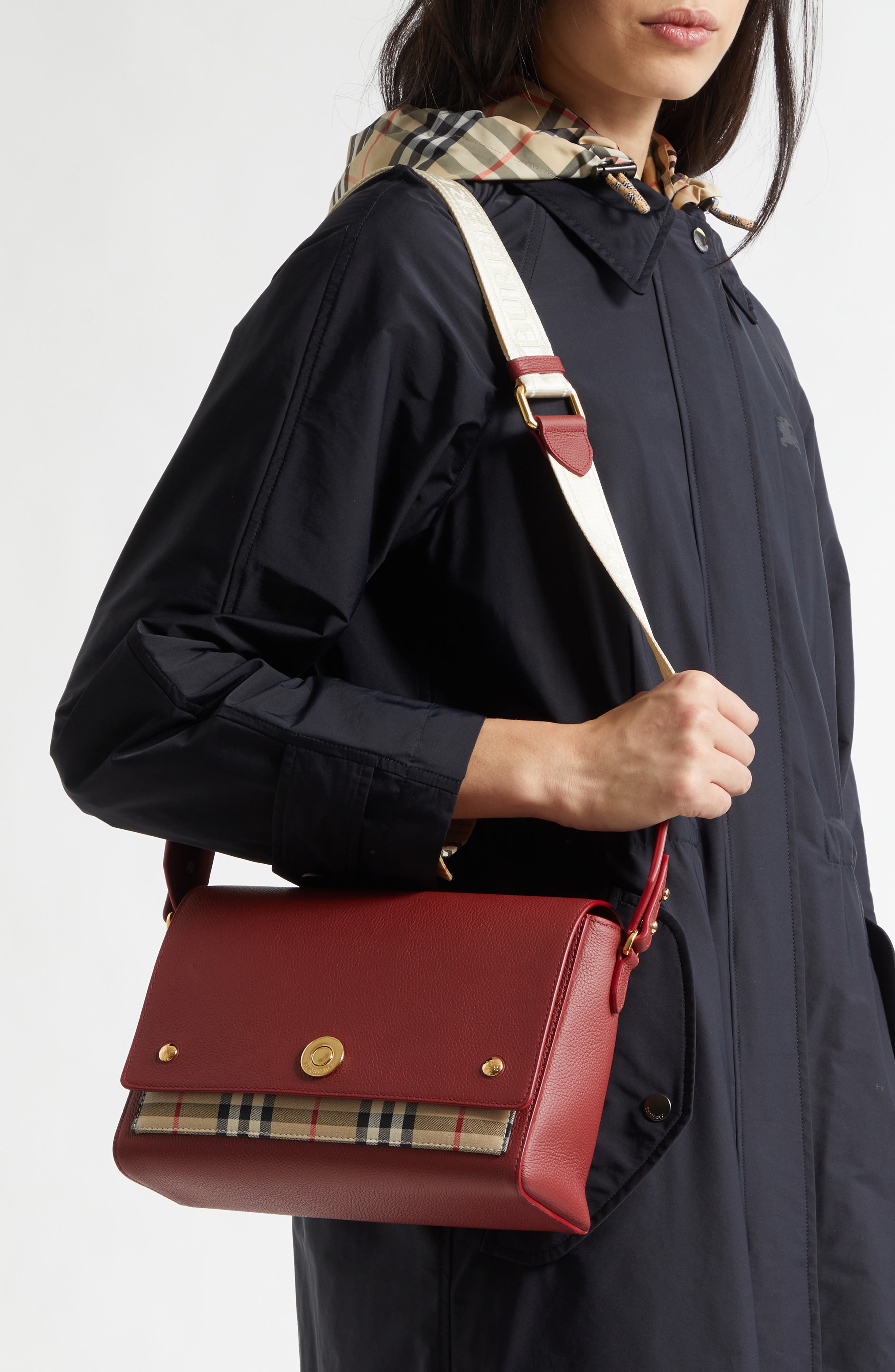 Note Leather & Vintage Check Crossbody Bag, Alternate, color, VINTAGE CHECK/ RUBY