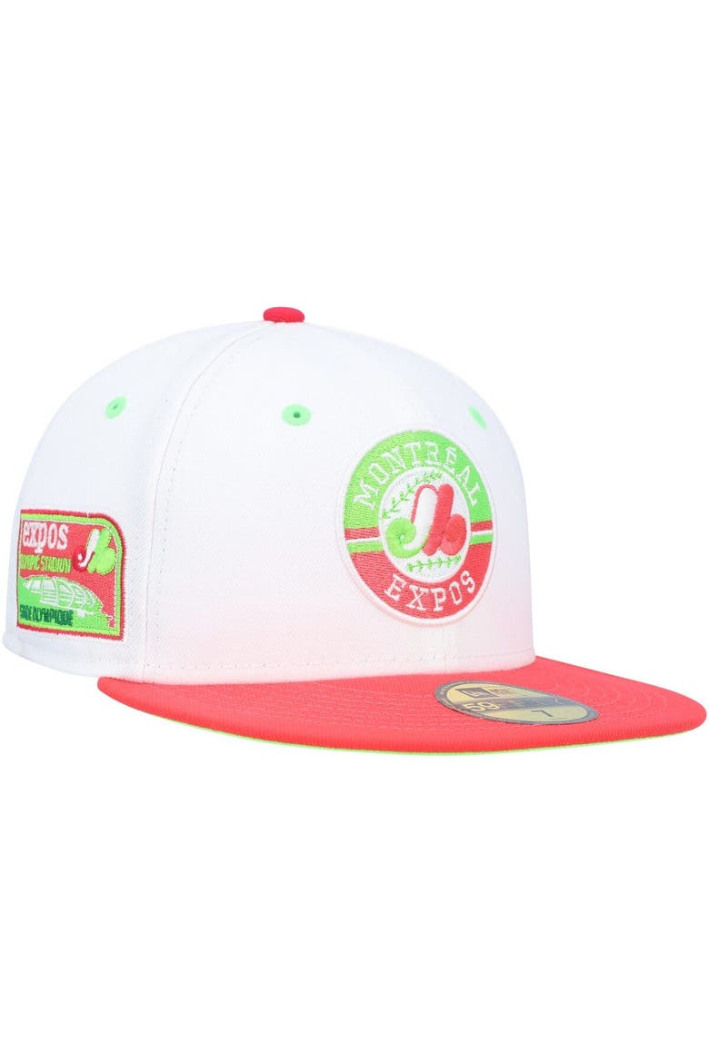 Men's New Era White/Coral Montreal Expos  Olympic Stadium Strawberry Lolli 59FIFTY Fitted Hat, Main, color, White