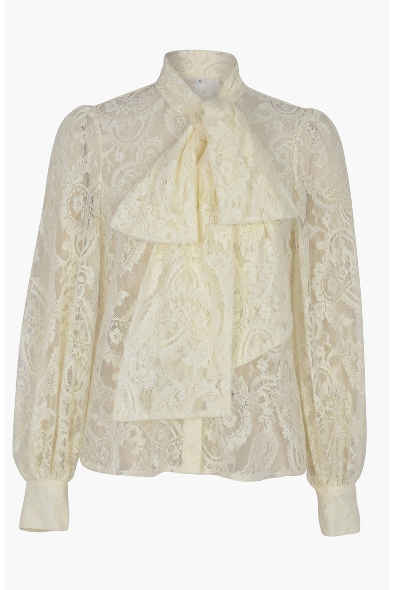 Tie Neck Sheer Long Sleeve Lace Blouse, Alternate, color, Beige