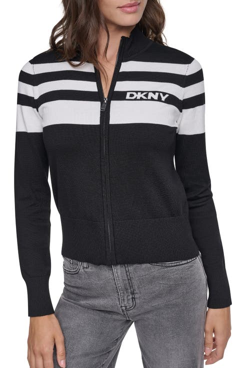 Placed Stripe Cotton Blend Zip Cardigan