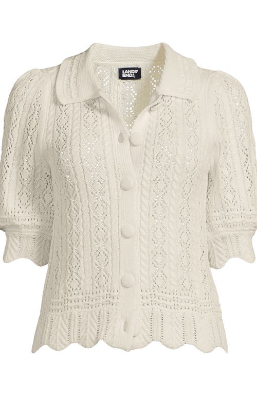 Lands' End Lace Pointelle Puff Sleeve Cardigan Sweater In White