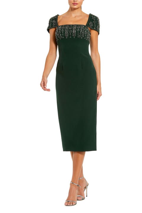 Crepe Embellished Cap Sleeve Fitted Midi Dress
