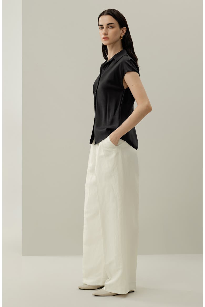 Women's Bias Cut Cap-Sleeve Silk Shirt, Alternate, color, Black