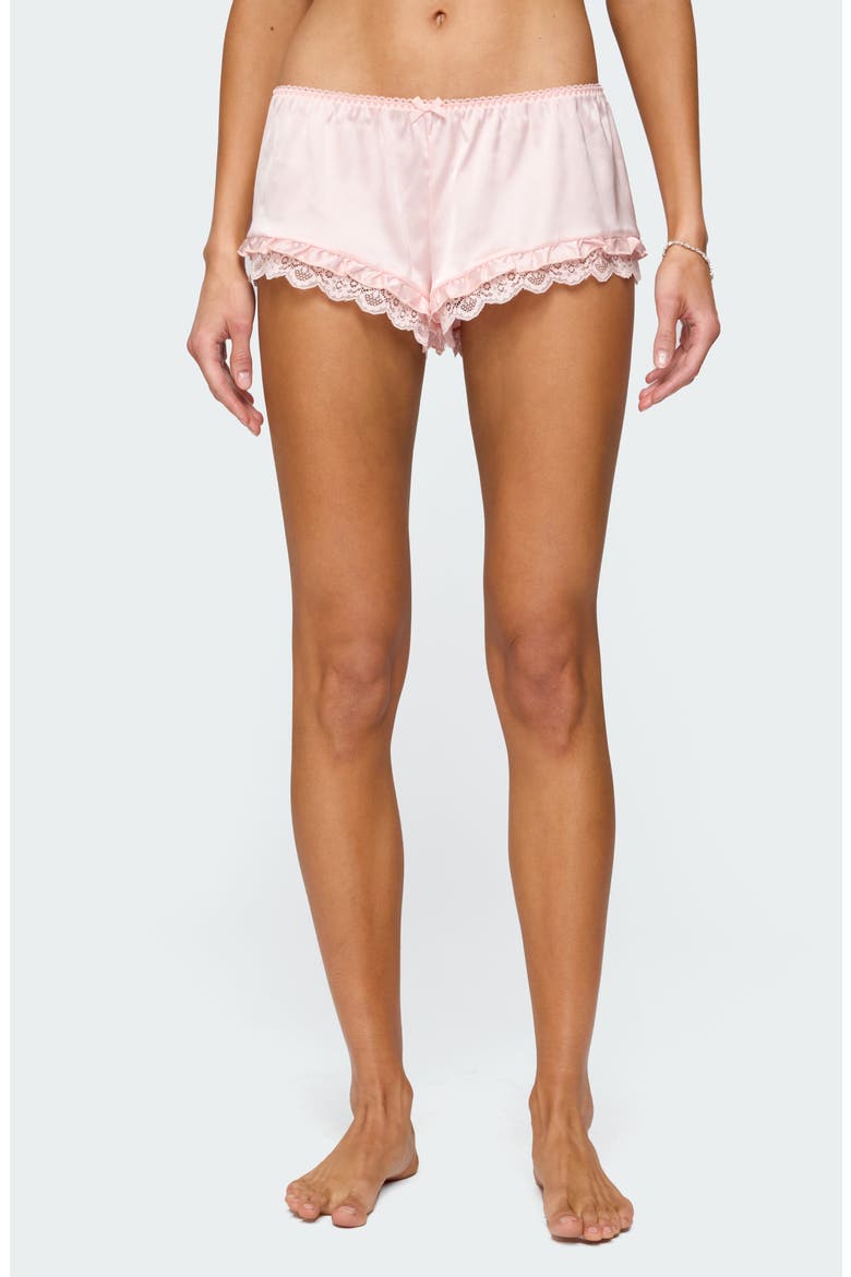 Clair Ruffle & Lace Satin Shorts, Main, color, LIGHT-PINK