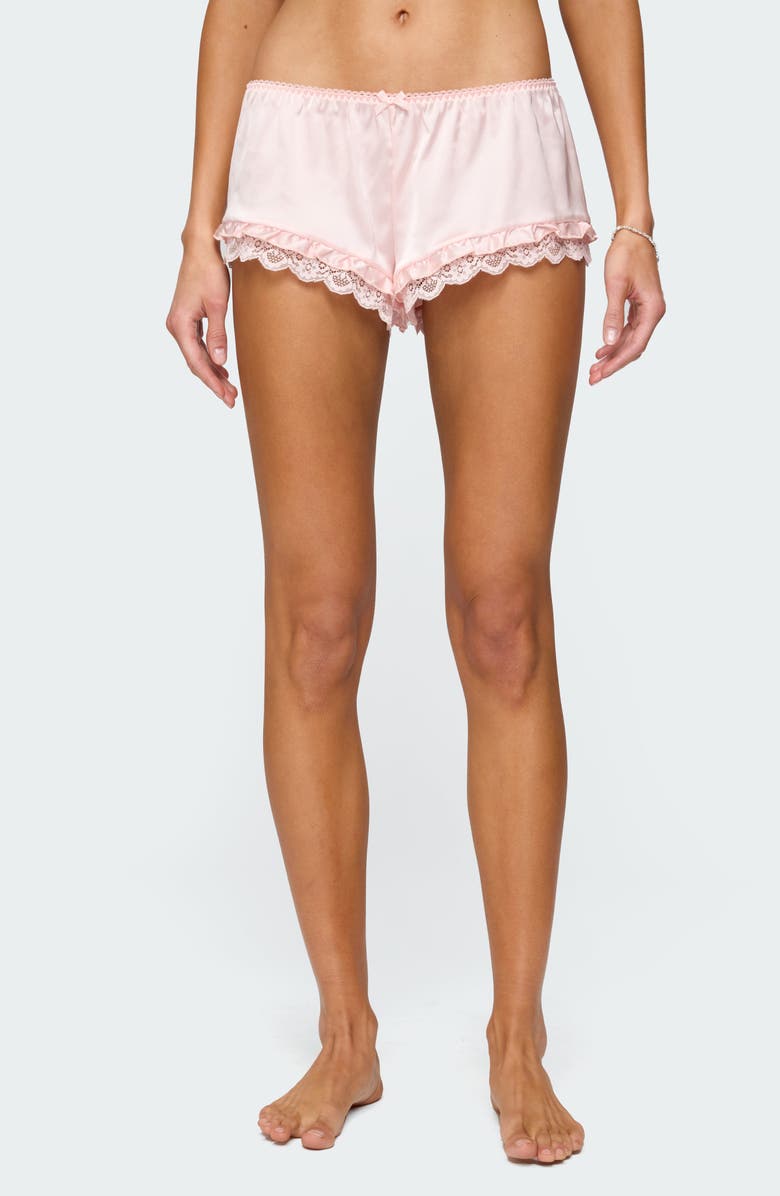 EDIKTED Clair Ruffle & Lace Satin Shorts, Main, color, Light-Pink