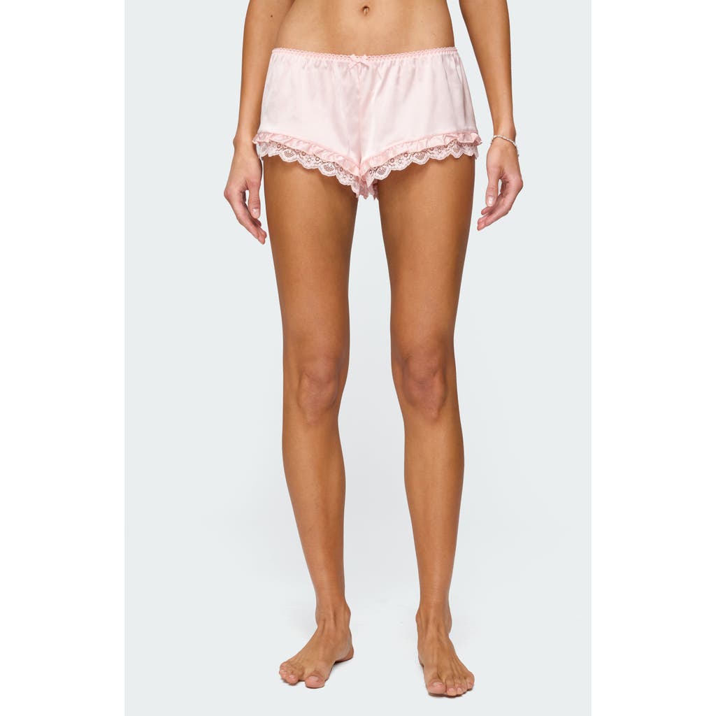 Edikted Clair Ruffle & Lace Satin Shorts