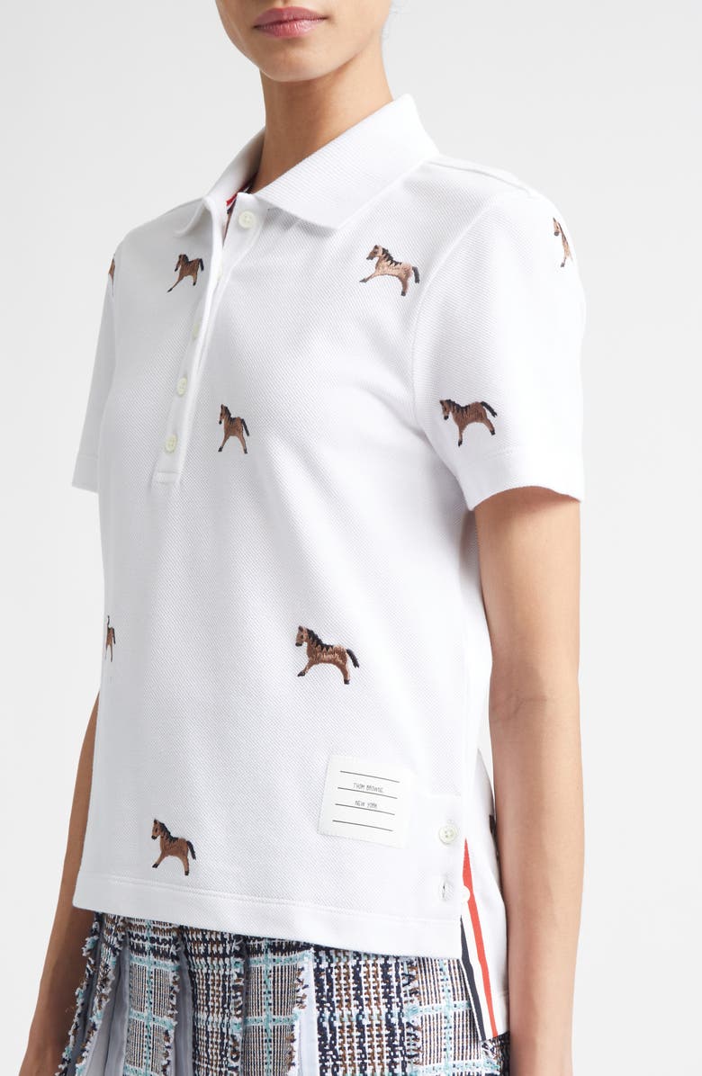 Thom Browne Horse Embroidered Half Drop Short Sleeve Polo, Alternate, color, White