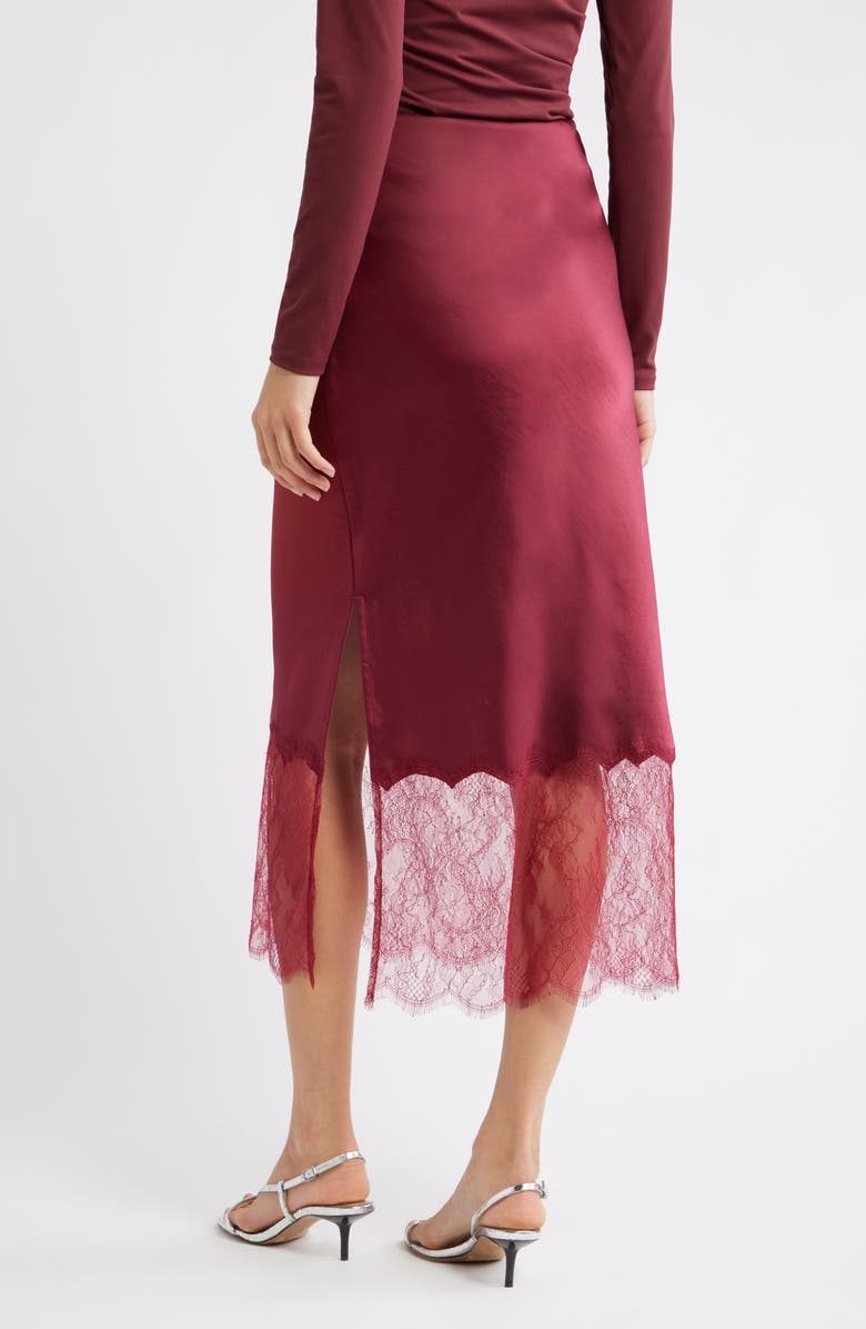 Open Edit Lace Trim Satin Midi Skirt, Alternate, color, Burgundy Beet