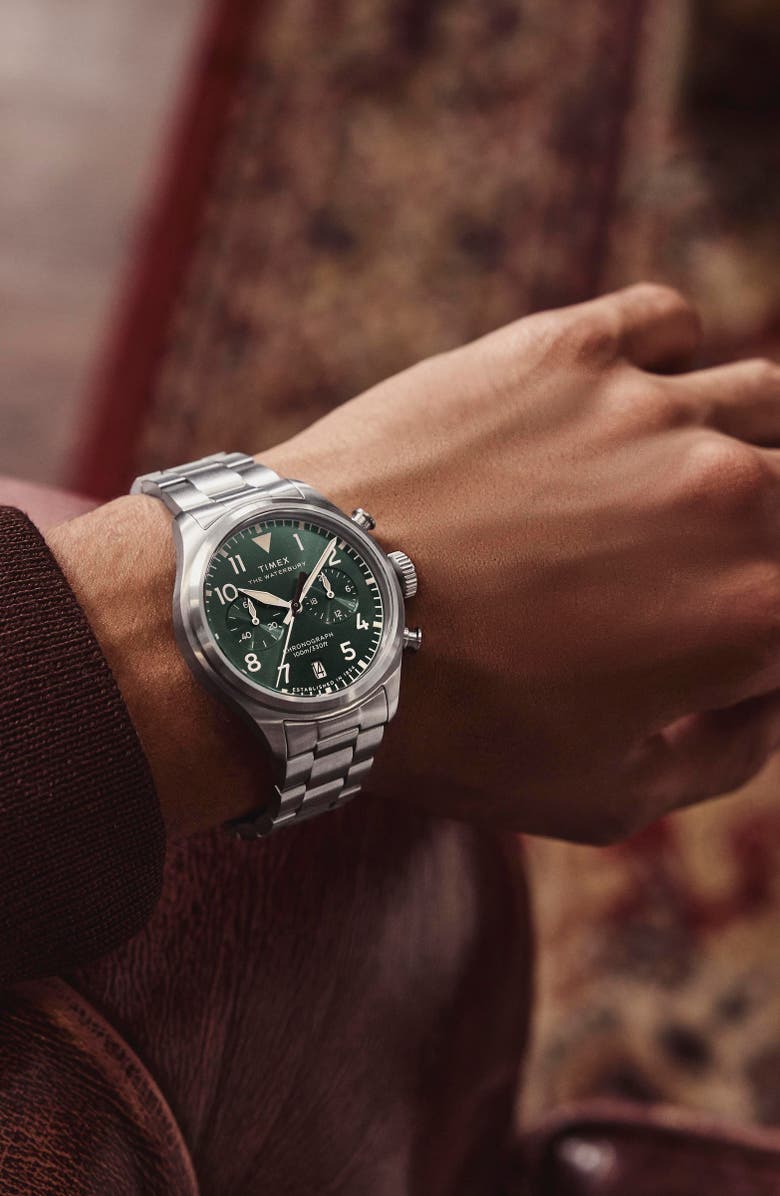 Timex<sup>®</sup> Waterbury Ace Chronograph Leather Strap Watch, 41mm, Alternate, color, Silver