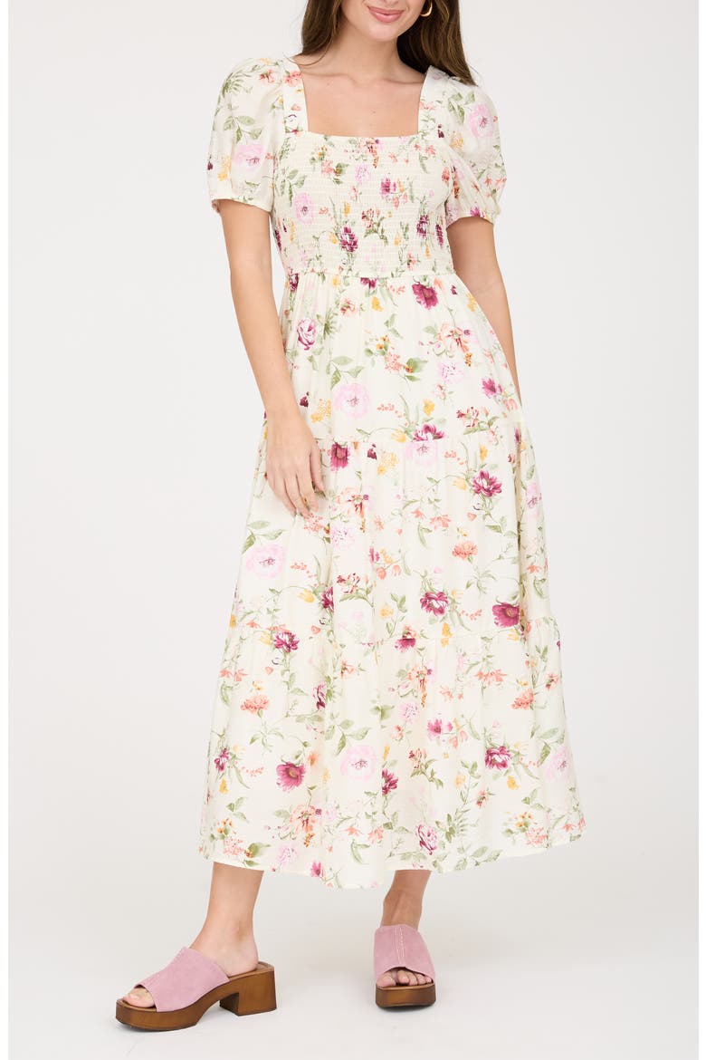 august sky women's floral puff sleeve smocked midi dress AUGUST SKY Puff Sleeve Smocked Maxi Dress_IVORY_Small